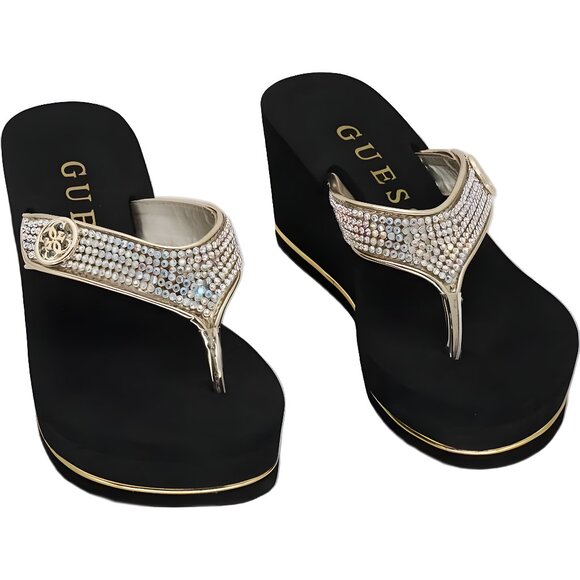 GUESS Sarraly Rhinestone Logo Wedge Flip-Flop Sandals Gold Iridescent US 6M - Picture 1 of 6